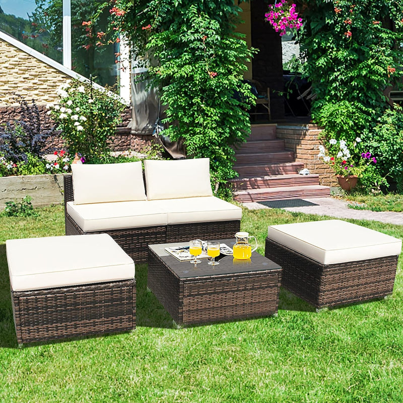 5 Pieces Outdoor Rattan Furniture Set Wicker Lounge Chair Conversation Set with Washable Cushions