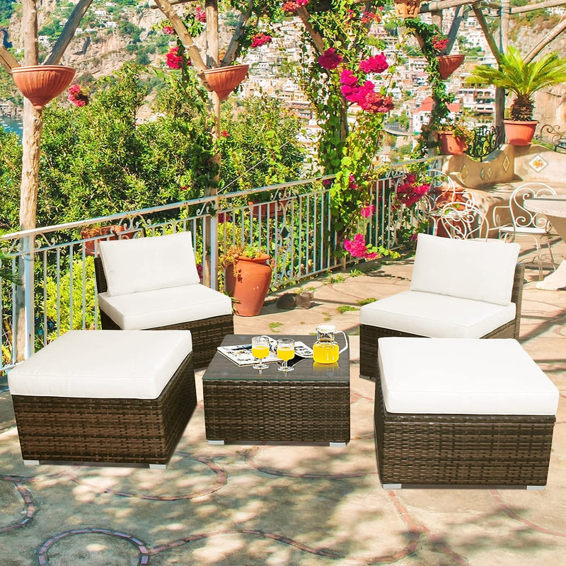 5 Pieces Outdoor Rattan Furniture Set Wicker Lounge Chair Conversation Set with Washable Cushions