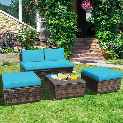 5 Pieces Outdoor Rattan Furniture Set Wicker Lounge Chair Conversation Set with Washable Cushions