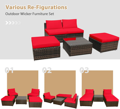 5 Pieces Outdoor Rattan Furniture Set Wicker Lounge Chair Conversation Set with Washable Cushions