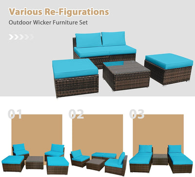 5 Pieces Outdoor Rattan Furniture Set Wicker Lounge Chair Conversation Set with Washable Cushions