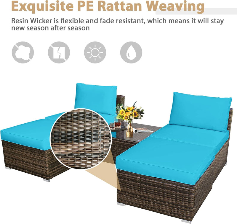 5 Pieces Outdoor Rattan Furniture Set Wicker Lounge Chair Conversation Set with Washable Cushions