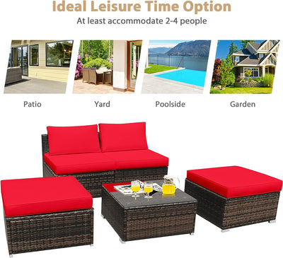 5 Pieces Outdoor Rattan Furniture Set Wicker Lounge Chair Conversation Set with Washable Cushions