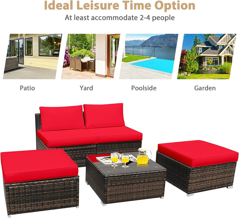 5 Pieces Outdoor Rattan Furniture Set Wicker Lounge Chair Conversation Set with Washable Cushions