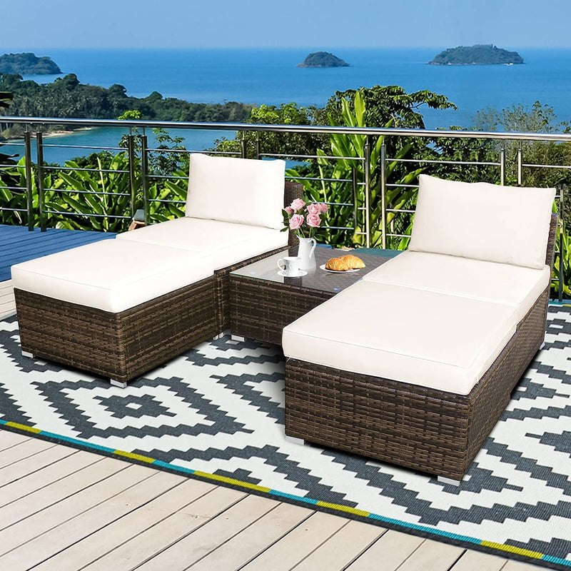 5 Pieces Outdoor Rattan Furniture Set Wicker Lounge Chair Conversation Set with Washable Cushions