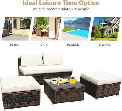 5 Pieces Outdoor Rattan Furniture Set Wicker Lounge Chair Conversation Set with Washable Cushions