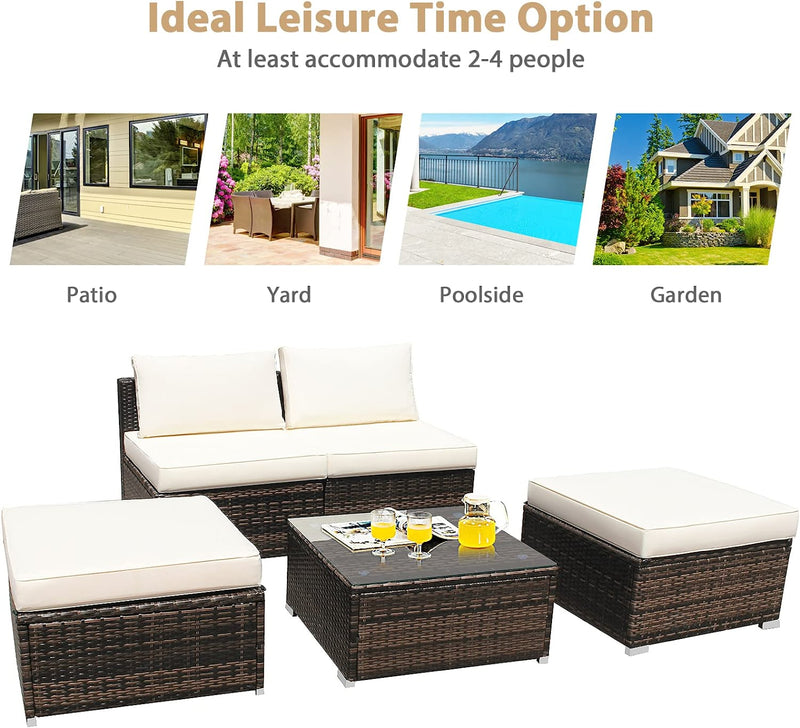 5 Pieces Outdoor Rattan Furniture Set Wicker Lounge Chair Conversation Set with Washable Cushions