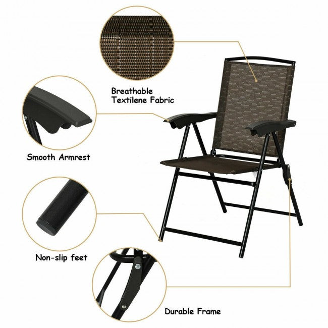 2 Pieces Folding Sling Chairs with Steel Armrest and Adjustable Back for Patio