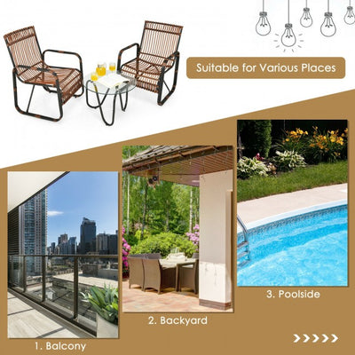 3 Pieces Outdoor Rattan Furniture Set Patio Conversation Set with Tempered Glass Table