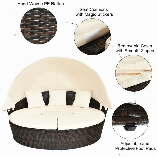 Outdoor Wicker Furniture Sets Patio Round Rattan Daybed With Retractable Canopy