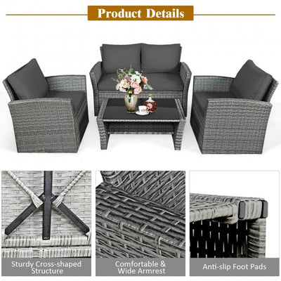 4 Pcs Patio Rattan Furniture Sofa Table Set with Storage Shelf Cushion