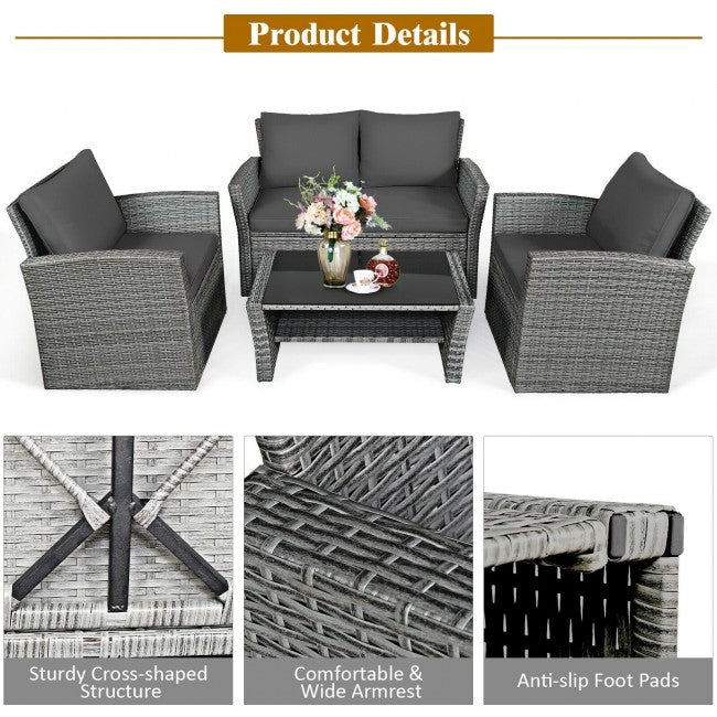 4 Pcs Patio Rattan Furniture Sofa Table Set with Storage Shelf Cushion