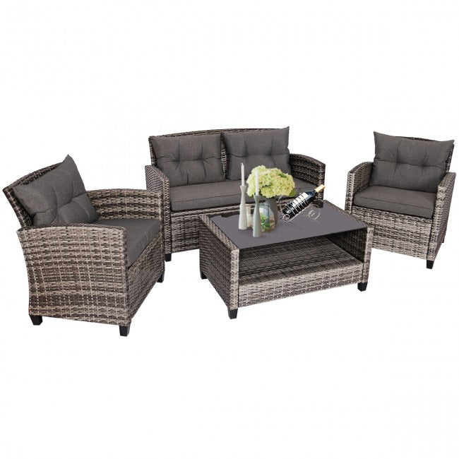 4 Pieces Patio Rattan Furniture Set Coffee Table Cushioned Sofa Set