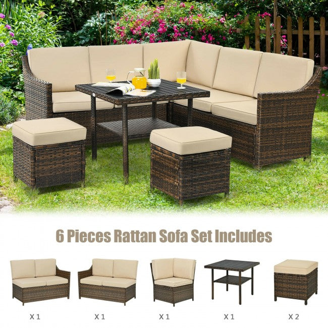 6 Pieces Outdoor Patio Rattan Furniture Set Conversation Sofa Set with Padded Cushion and Table