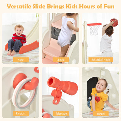 6-In-1 Freestanding Kids Large Slide Toddler Climber Slide Playset with Basketball Hoop Ring Toss