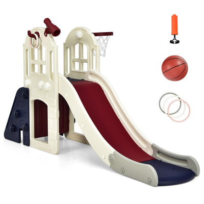 6-In-1 Freestanding Kids Large Slide Toddler Climber Slide Playset with Basketball Hoop Ring Toss