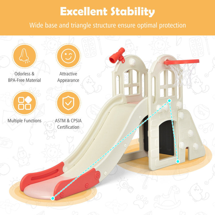 6-In-1 Freestanding Kids Large Slide Toddler Climber Slide Playset with Basketball Hoop Ring Toss