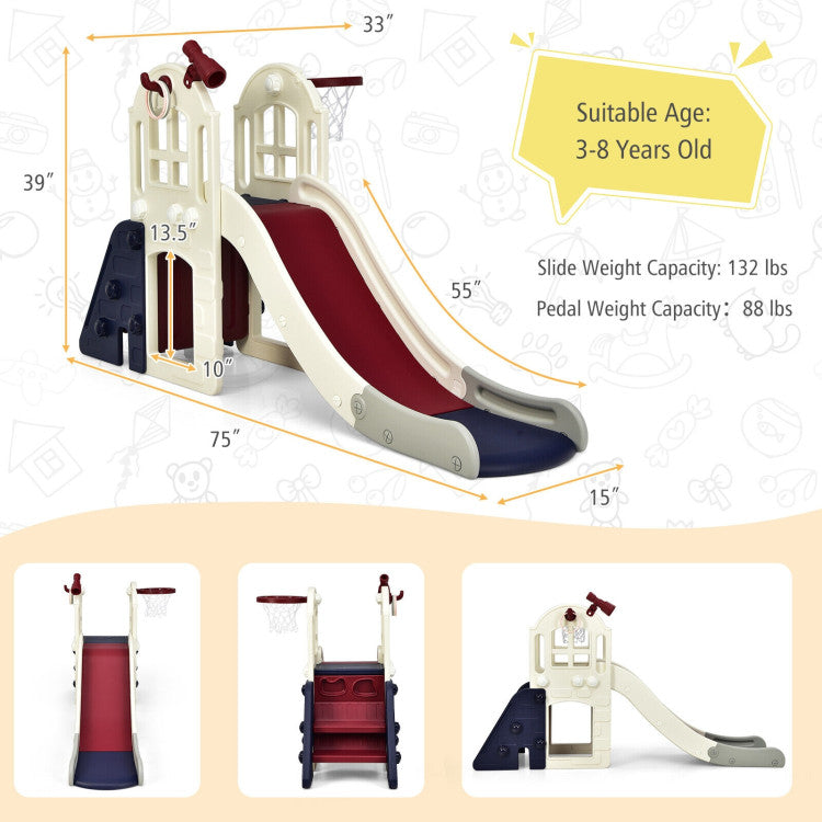 6-In-1 Freestanding Kids Large Slide Toddler Climber Slide Playset with Basketball Hoop Ring Toss