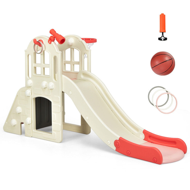 6-In-1 Freestanding Kids Large Slide Toddler Climber Slide Playset with Basketball Hoop Ring Toss