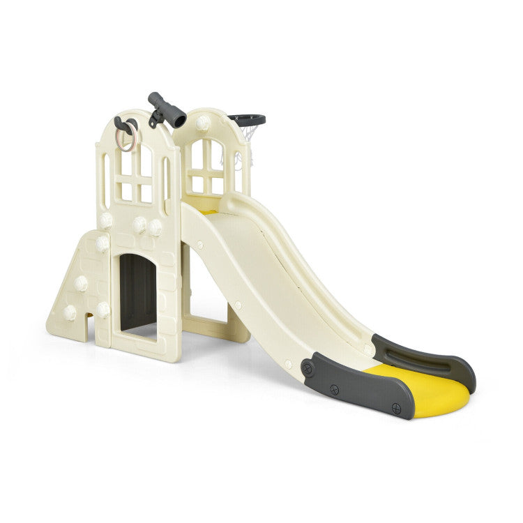 6-In-1 Freestanding Kids Large Slide Toddler Climber Slide Playset with Basketball Hoop Ring Toss