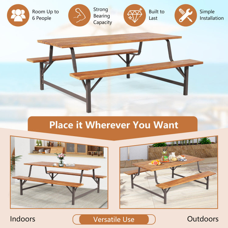 6-Person Outdoor Picnic Table and Bench Set Patio Dining Table Set with Built-in Umbrella Hole