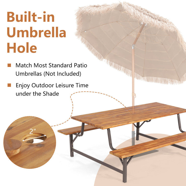 6-Person Outdoor Picnic Table and Bench Set Patio Dining Table Set with Built-in Umbrella Hole