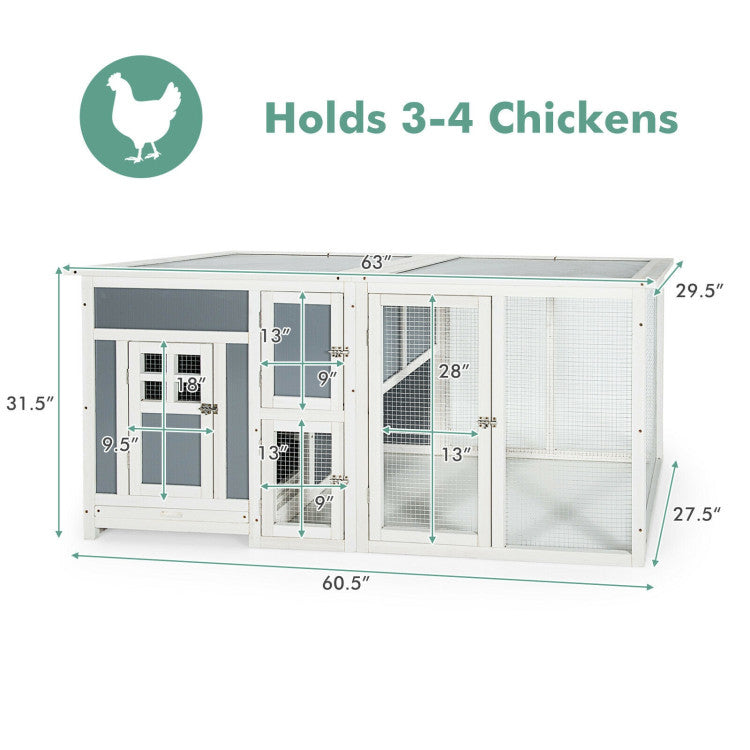 63 Inch Large Wooden Chicken Coop House-Shaped Cage with Lockable Doors and Slide-Out Tray