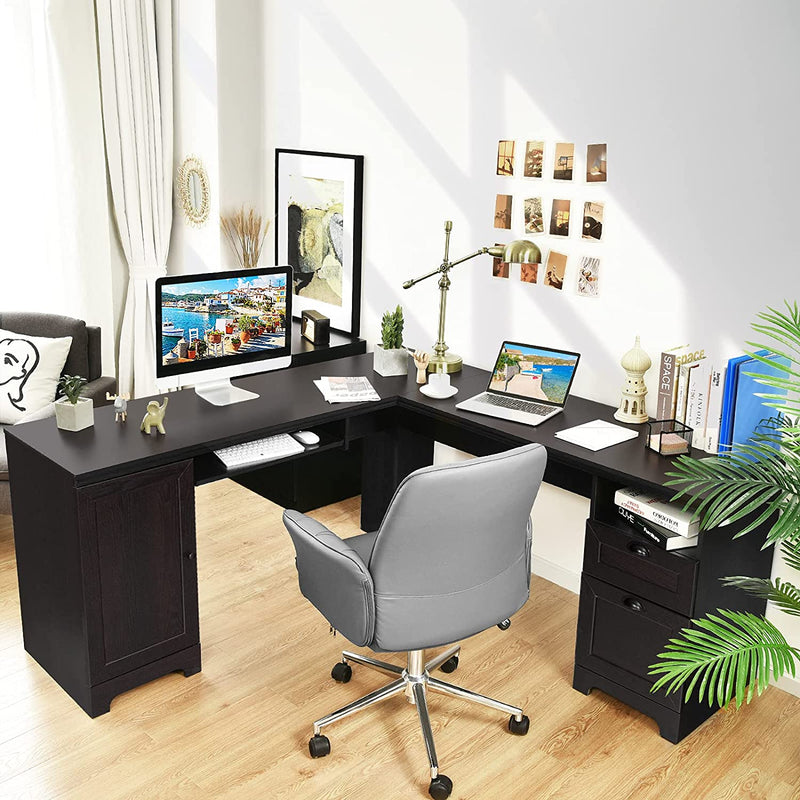 66 x 66 Inch L-Shaped Desk Corner Computer Office Workstation with Handy Drawer Set and Storage Cabinet