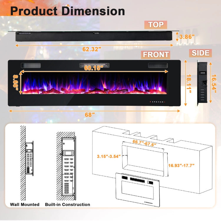 68 Inch Ultra-Thin Electric Fireplace Recessed and Wall Mounted Linear Heater with Timer and Remote Control