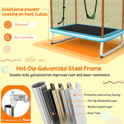 6FT Kids Trampoline 3-in-1 Mini Toddler Rectangle Trampoline with Enclosure Safety Net Seamless Spring Cover