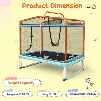 6FT Kids Trampoline 3-in-1 Mini Toddler Rectangle Trampoline with Enclosure Safety Net Seamless Spring Cover