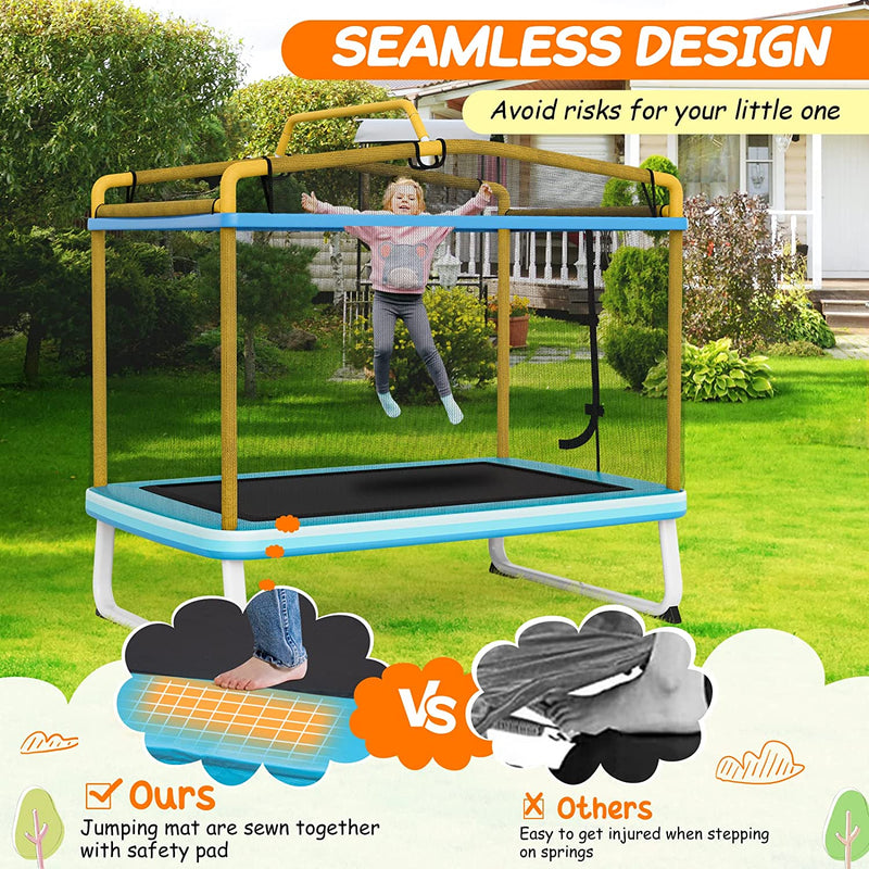 6FT Kids Trampoline 3-in-1 Mini Toddler Rectangle Trampoline with Enclosure Safety Net Seamless Spring Cover