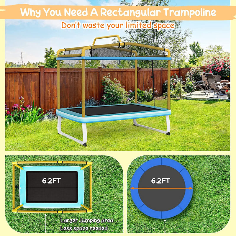 6FT Kids Trampoline 3-in-1 Mini Toddler Rectangle Trampoline with Enclosure Safety Net Seamless Spring Cover