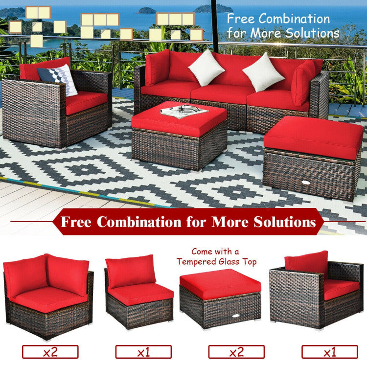 6 Pieces Outdoor Rattan Furniture Set Patio Wicker Sectional Conversation Sofa Set with Cushions and Coffee Table