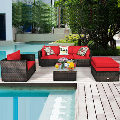 6 Pieces Outdoor Rattan Furniture Set Patio Wicker Sectional Conversation Sofa Set with Cushions and Coffee Table