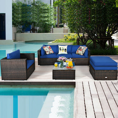 6 Pieces Outdoor Rattan Furniture Set Patio Wicker Sectional Conversation Sofa Set with Cushions and Coffee Table