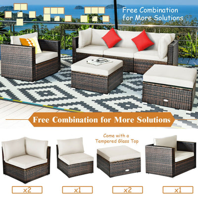 6 Pieces Outdoor Rattan Furniture Set Patio Wicker Sectional Conversation Sofa Set with Cushions and Coffee Table