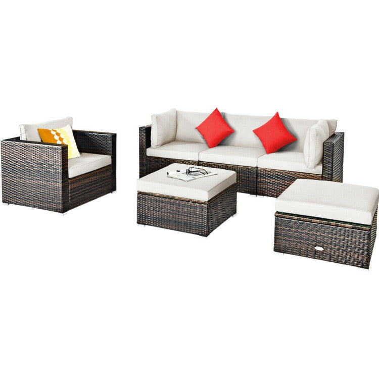 6 Pieces Outdoor Rattan Furniture Set Patio Wicker Sectional Conversation Sofa Set with Cushions and Coffee Table