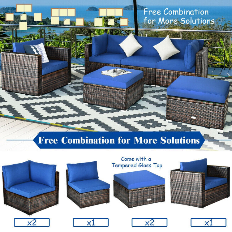 6 Pieces Outdoor Rattan Furniture Set Patio Wicker Sectional Conversation Sofa Set with Cushions and Coffee Table