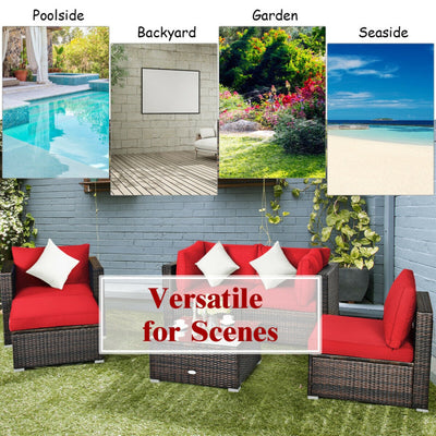 6 Pieces Outdoor Rattan Furniture Set Patio Wicker Sectional Conversation Sofa Set with Cushions and Coffee Table