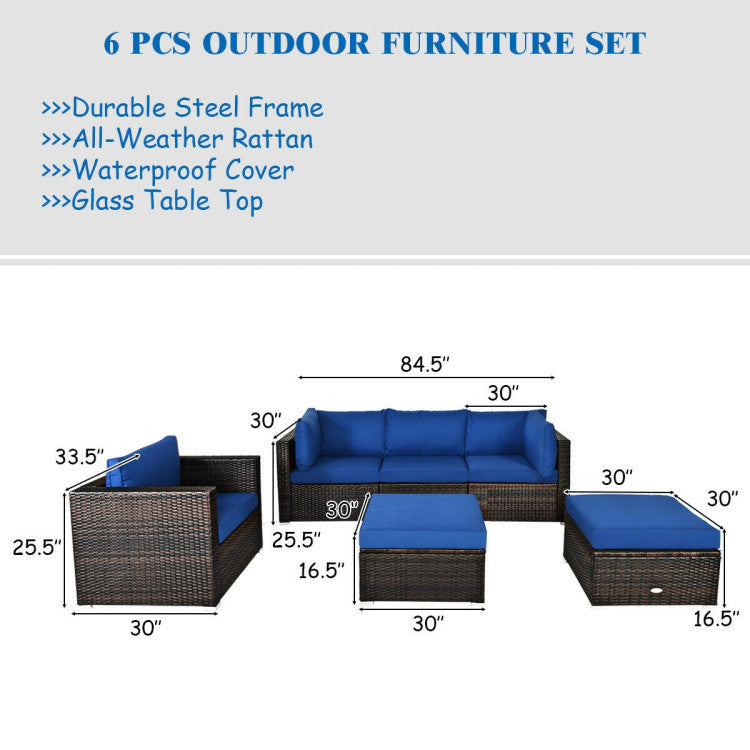 6 Pieces Outdoor Rattan Furniture Set Patio Wicker Sectional Conversation Sofa Set with Cushions and Coffee Table