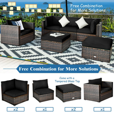 6 Pieces Outdoor Rattan Furniture Set Patio Wicker Sectional Conversation Sofa Set with Cushions and Coffee Table