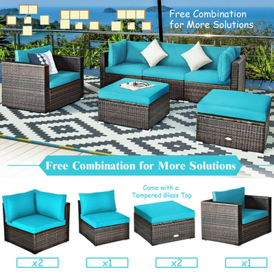 6 Pieces Outdoor Rattan Furniture Set Patio Wicker Sectional Conversation Sofa Set with Cushions and Coffee Table