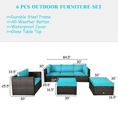 6 Pieces Outdoor Rattan Furniture Set Patio Wicker Sectional Conversation Sofa Set with Cushions and Coffee Table