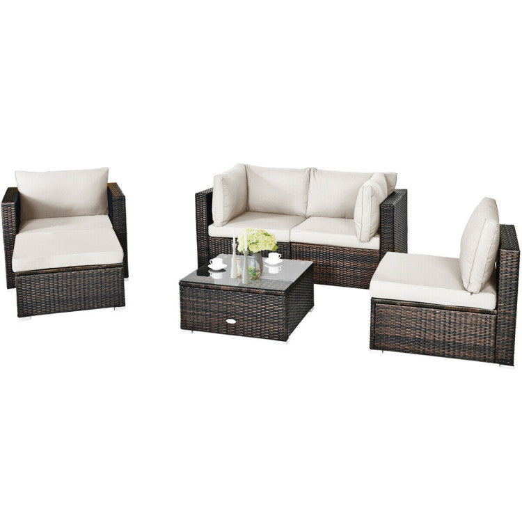 6 Pieces Outdoor Rattan Furniture Set Patio Wicker Sectional Conversation Sofa Set with Cushions and Coffee Table