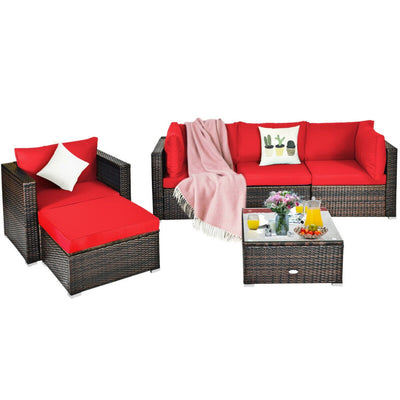 6 Pieces Outdoor Rattan Furniture Set Patio Wicker Sectional Conversation Sofa Set with Cushions and Coffee Table