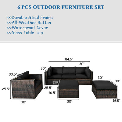 6 Pieces Outdoor Rattan Furniture Set Patio Wicker Sectional Conversation Sofa Set with Cushions and Coffee Table