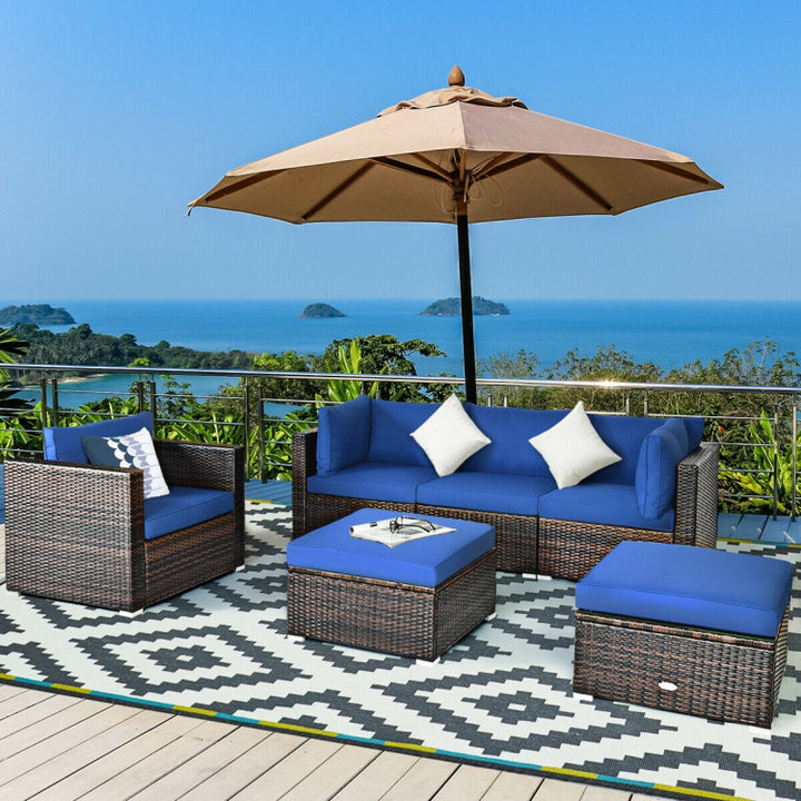 6 Pieces Outdoor Rattan Furniture Set Patio Wicker Sectional Conversation Sofa Set with Cushions and Coffee Table