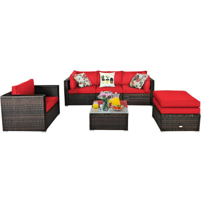 6 Pieces Outdoor Rattan Furniture Set Patio Wicker Sectional Conversation Sofa Set with Cushions and Coffee Table