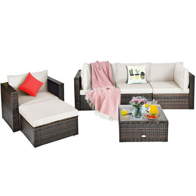 6 Pieces Outdoor Rattan Furniture Set Patio Wicker Sectional Conversation Sofa Set with Cushions and Coffee Table